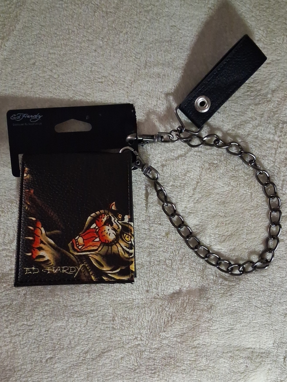 Ed Hardy Black Wallet with Tiger Artwork and Chain
